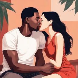 Create an illustration art featuring a youthful black man and an Asian woman sitting very close together, leaning in for a cute kiss