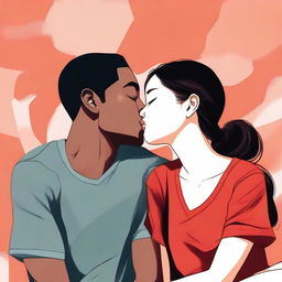 Create an illustration art featuring a youthful black man and an Asian woman sitting very close together, leaning in for a cute kiss