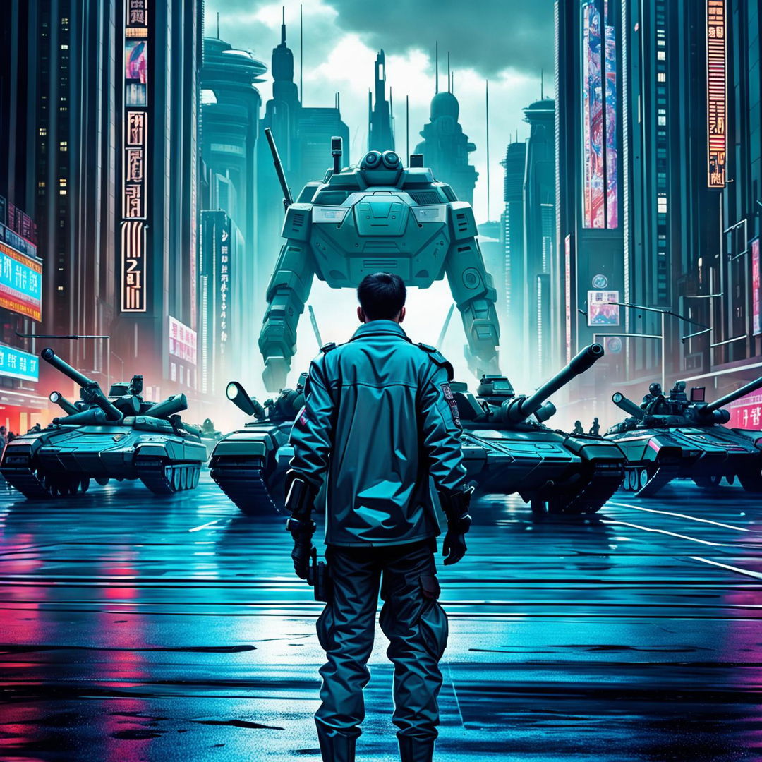 A futuristic reimagining of the 'Tank Man' scene from Tiananmen Square, set in a high-tech city with hover tanks and a cybernetically enhanced lone man standing defiantly