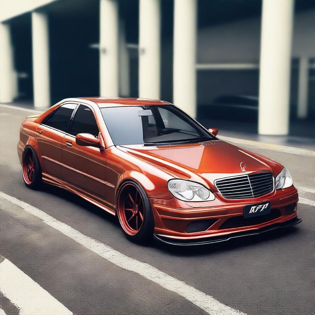 A redesigned Mercedes W202 with a tuning bodykit, featuring a very dark pearly orange exterior, almost red