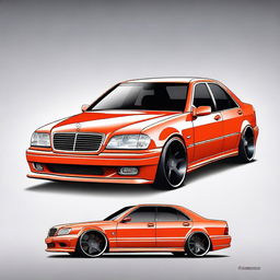 A redesigned Mercedes W202 with a tuning bodykit, featuring a very dark pearly orange exterior, almost red