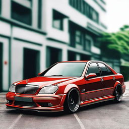 A redesigned Mercedes W202 with a tuning bodykit, featuring a very dark pearly orange exterior, almost red