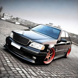 Create a redesign of the Mercedes W202 with a tuning bodykit