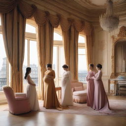 A pregnant woman living in luxury, surrounded by maids serving and attending to her in an opulent mansion in Paris