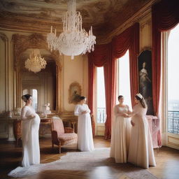 A pregnant woman living in luxury, surrounded by maids serving and attending to her in an opulent mansion in Paris