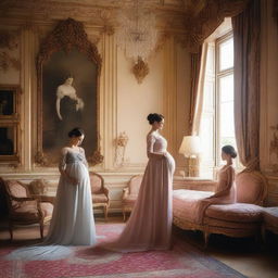 A pregnant woman living in luxury, surrounded by maids serving and attending to her in an opulent mansion in Paris