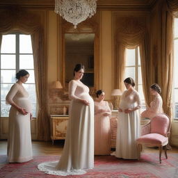 A pregnant woman living in luxury, surrounded by maids serving and attending to her in an opulent mansion in Paris