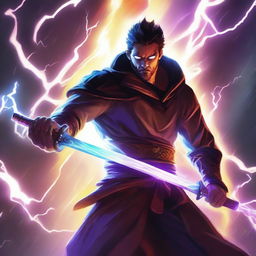 A high-quality artwork featuring a brutal man wielding a sword with lightning magic crackling around him