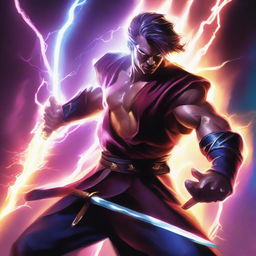 A high-quality artwork featuring a brutal man wielding a sword with lightning magic crackling around him