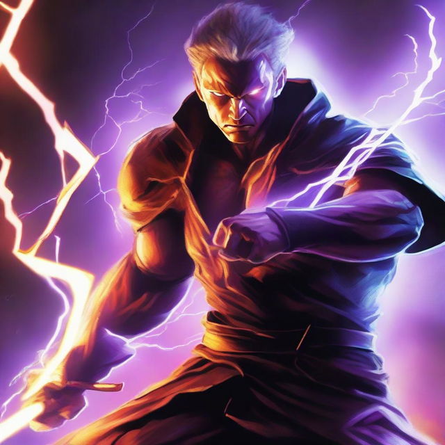 A high-quality artwork featuring a brutal man wielding a sword with lightning magic crackling around him