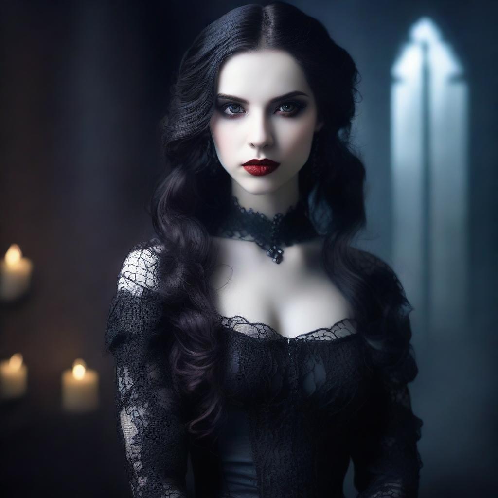 A captivating vampire girl with pale skin and striking red eyes