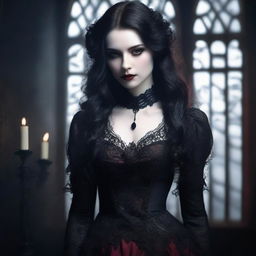 A captivating vampire girl with pale skin and striking red eyes