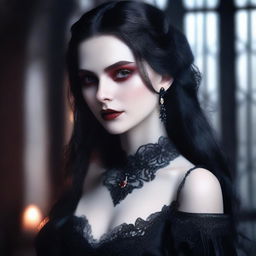 A captivating vampire girl with pale skin and striking red eyes