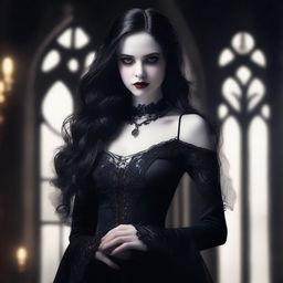 A captivating vampire girl with pale skin and striking red eyes