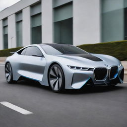 A futuristic interpretation of a BMW car, showcasing advanced automotive technologies, sleek and streamlined design aesthetics, with next-gen propulsion systems.