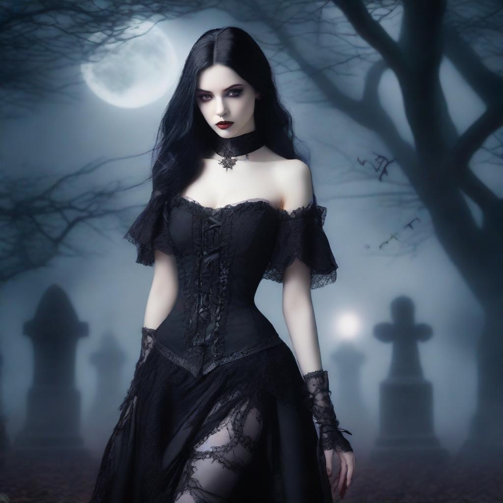 A dark and alluring vampire girl with pale skin, red eyes, and long black hair