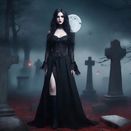 A dark and alluring vampire girl with pale skin, red eyes, and long black hair