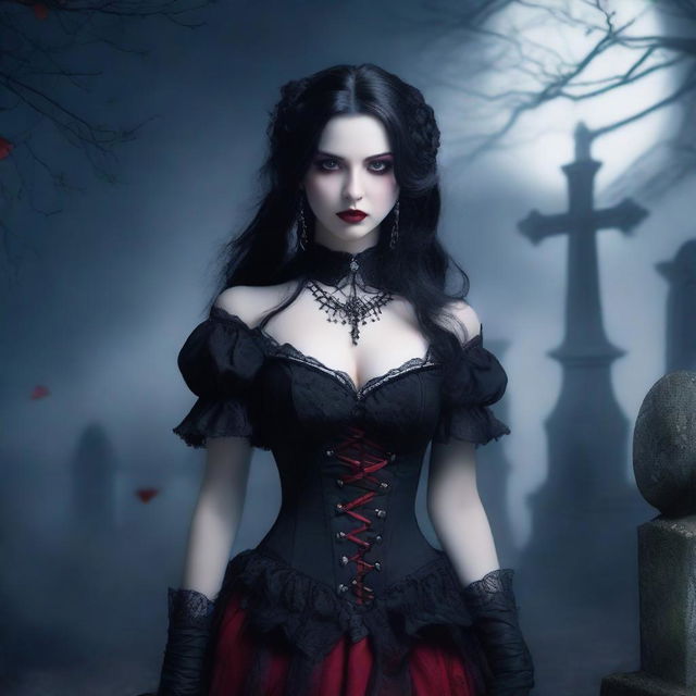 A dark and alluring vampire girl with pale skin, red eyes, and long black hair