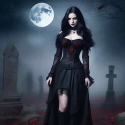 A dark and alluring vampire girl with pale skin, red eyes, and long black hair