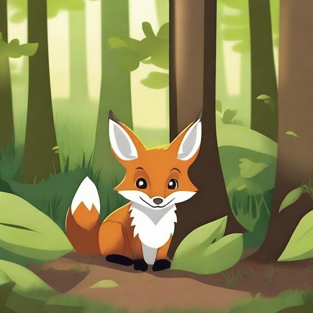 A sly fox peeking out from behind a tree in a lush, green forest