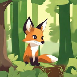 A sly fox peeking out from behind a tree in a lush, green forest