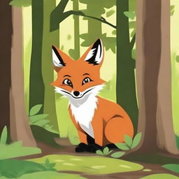 A sly fox peeking out from behind a tree in a lush, green forest