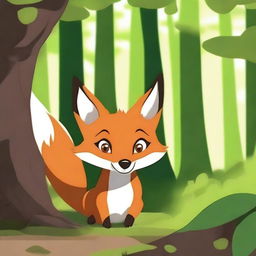 A sly fox peeking out from behind a tree in a lush, green forest