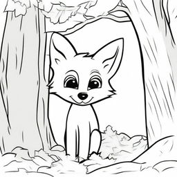 A sly fox peeking out from behind a tree