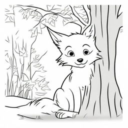 A sly fox peeking out from behind a tree