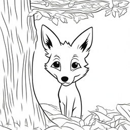 A sly fox peeking out from behind a tree