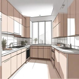 A detailed interior sketch of a small, minimalistic kitchen