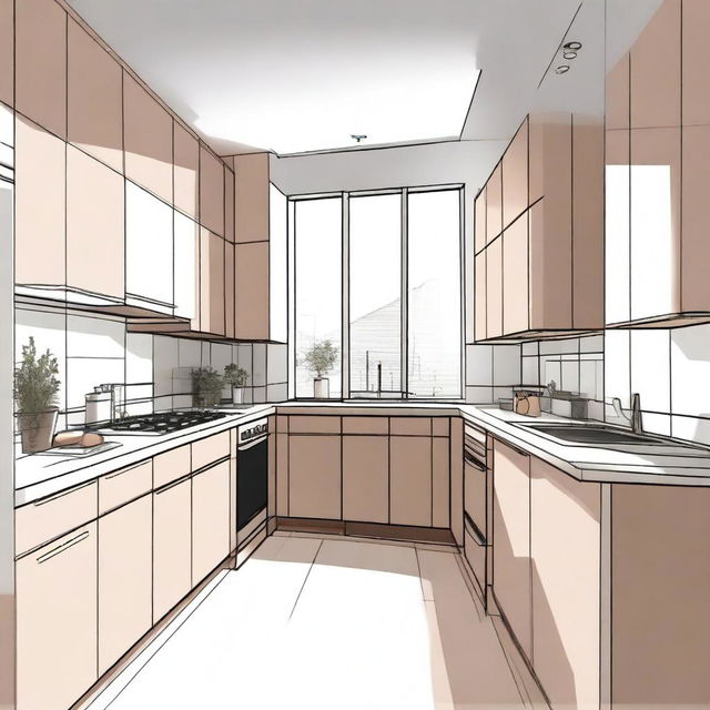 A detailed interior sketch of a small, minimalistic kitchen