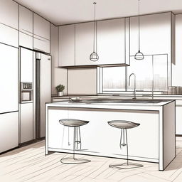 A detailed interior sketch of a small, minimalistic kitchen