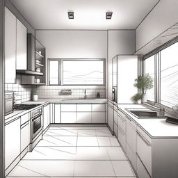 A detailed interior sketch of a small, minimalistic kitchen