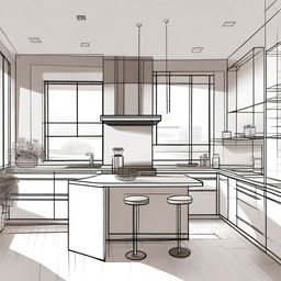 A detailed interior sketch of a small, minimalistic kitchen