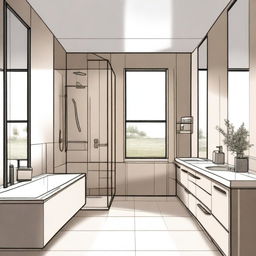 A detailed interior sketch of a minimalistic bathroom