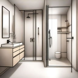 A detailed interior sketch of a minimalistic bathroom