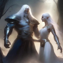 The god of justice, Tyr, confronting the dark elf goddess of deceit, Lolth