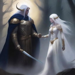 The god of justice, Tyr, confronting the dark elf goddess of deceit, Lolth