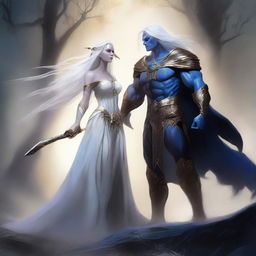 The god of justice, Tyr, confronting the dark elf goddess of deceit, Lolth