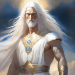 Tyr, a god with a healing hand, stands tall wearing a white tunic