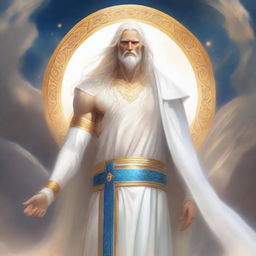 Tyr, a god with a healing hand, stands tall wearing a white tunic