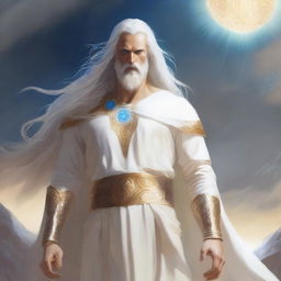 Tyr, a god with a healing hand, stands tall wearing a white tunic