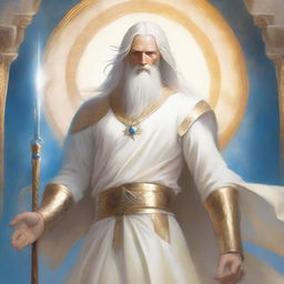 Tyr, a god with a healing hand, stands tall wearing a white tunic