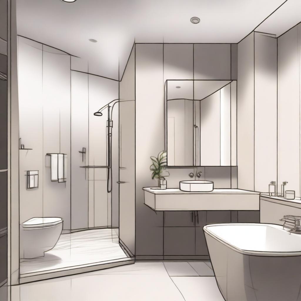 A detailed interior sketch of a minimalistic bathroom