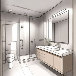 A detailed interior sketch of a minimalistic bathroom