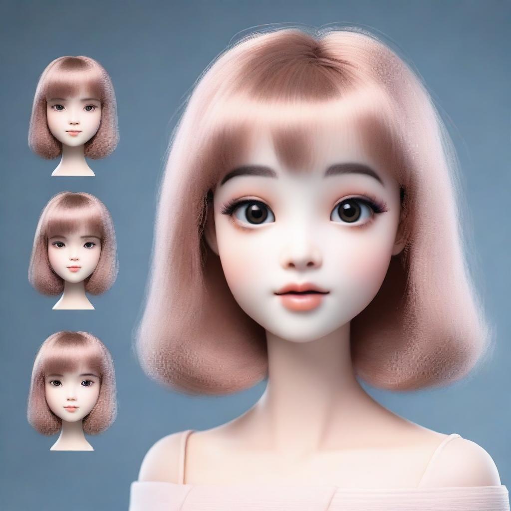 Create a 3D render of a face with doll-like features