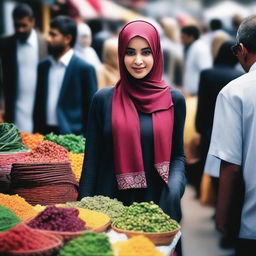 A woman wearing a hijab and a bra standing in the middle of a bustling market