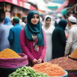 A woman wearing a hijab and a bra standing in the middle of a bustling market