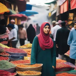 A woman wearing a hijab and a bra standing in the middle of a bustling market